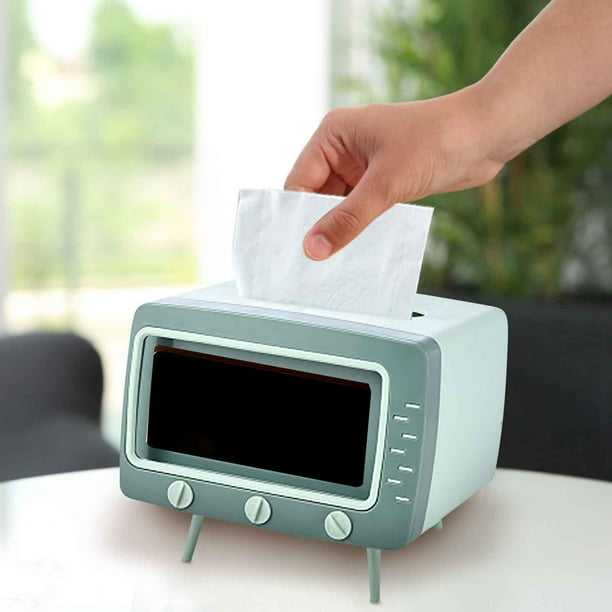 Funda de pañuelo con forma de televisor y soporte para teléfono • Diseño retro para salón • Plástico ABS • 7,28x5,70x6,29 pulgadas • Contiene pañuelos estándar y sobredimensionados