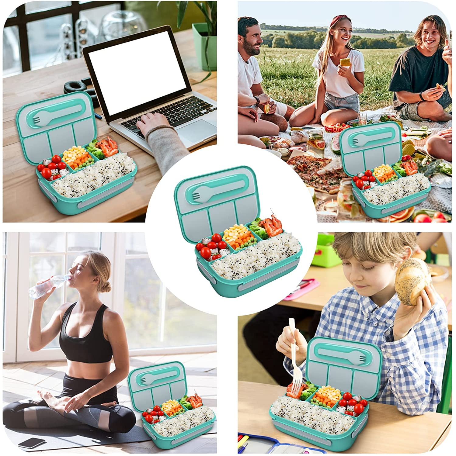 Adult Bento Box,Bento Lunch Box for Kids, 4 Compartments Leak-Proof, with  Spoon and Soup Bowl, Durable, Bisphenol A free and Food-safe Material  Microwave Oven Suitable） 