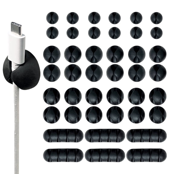Wrap-It Storage Adhesive Cable Clips - Cord Organizer for Desk Cable Management, Charger Cord Holder for Nightstand - Black (42 Pack)