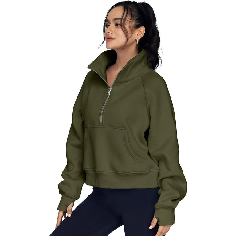 Womens Sweatshirts Half Zip Cropped Pullover Fleece Quarter Zipper Hoodies  Fall outfits Clothes Thumb Hole 