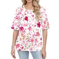 thumbnail image 3 of Women’s Casual Floral Print Five Sleeve Round Neck Button Half Sleeve Top Loose Fit Lightweight Blouse for Daily Wear Pink L, 3 of 4