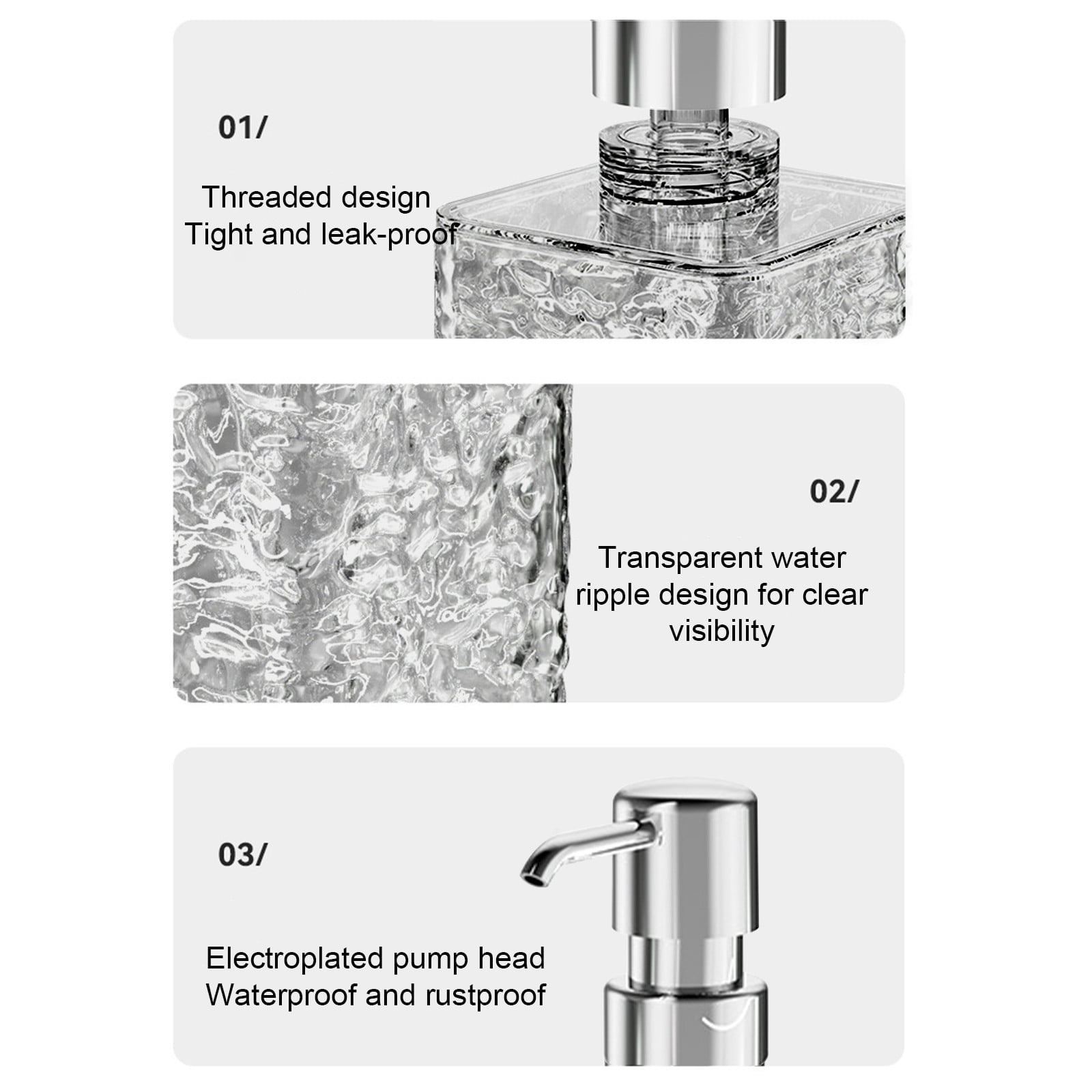 Glass Foaming Soap Dispenser with Silver Pump, Vintage-Inspired Modern Glass Refillable Bottle for Bathroom Vanity Countertop and Kitchen