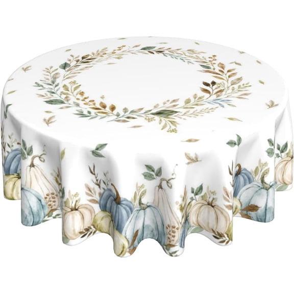 Fall Round Tablecloth 70 Inch Green Blue Pumpkin Leaves Tablecloth Polyester Farmhouse Round Autumn Thanksgiving Pumpkin Table Cover for Party Dining Picnic Kitchen Outdoor Home Decoration