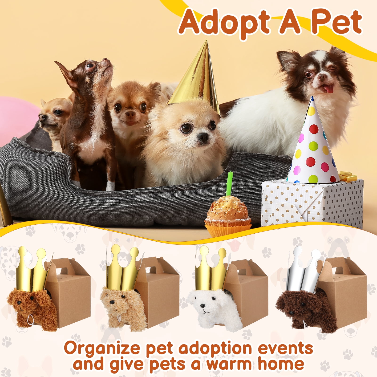 KABOER 100 Pcs Adopt A Puppy Party Favor Set, Mini Stuffed Animals Toy, Includes 20 Pcs Small Plush Dogs, Birthday Hats, Paper Boxes, Stickers and Adopt Cards for Party Supplies