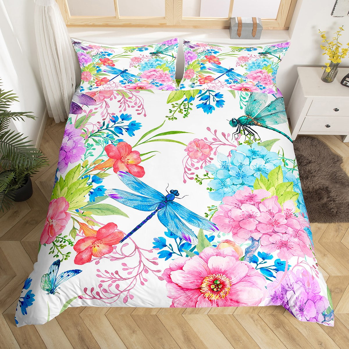 YST Dragonfly Hydrangea Bedding Set For Kids Girls Women King