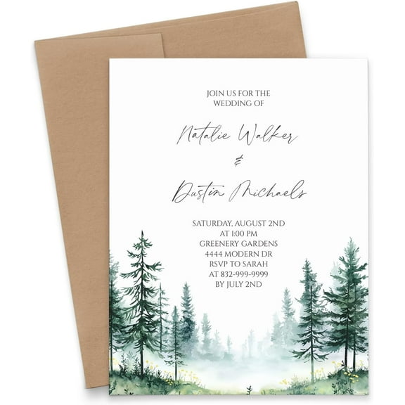 Forest Themed Wedding Invitations With Envelopes, Woodland Wedding Invitation Cards With Trees, Greenery Wedding Invites , Nature Theme, Your choice of Quantity and Envelope Color