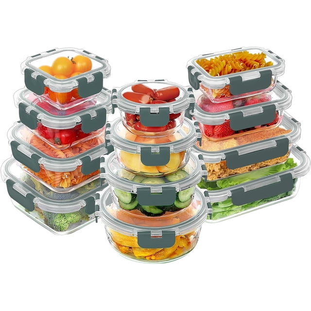 Juego de 24 recipientes de vidrio para almacenar alimentos, recipientes herméticos para el almuerzo, recipientes de vidrio para preparar comidas con tapas, sin BPA, aptos para microondas, horno,
