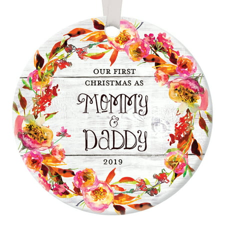 Rustic New Parents Ornament 2019, Our First Christmas as Mommy and Daddy Ornament 1st Xmas Baby Mom Dad Floral Circle Ceramic Present 3