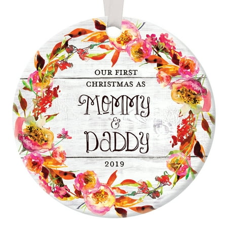 Dad Christmas Ornament - Rustic New Parents Ornament 2019, Our First Christmas as Mommy and Daddy Ornament 1st Xmas Baby Mom Dad Floral Circle Ceramic Present 3