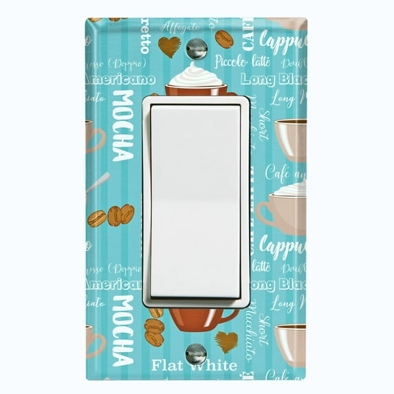 Metal Light Switch Wall Plate Outlet Cover (Mocha Coffee Bean Espresso Cup Cappuccino Light Teal - Single Rocker)