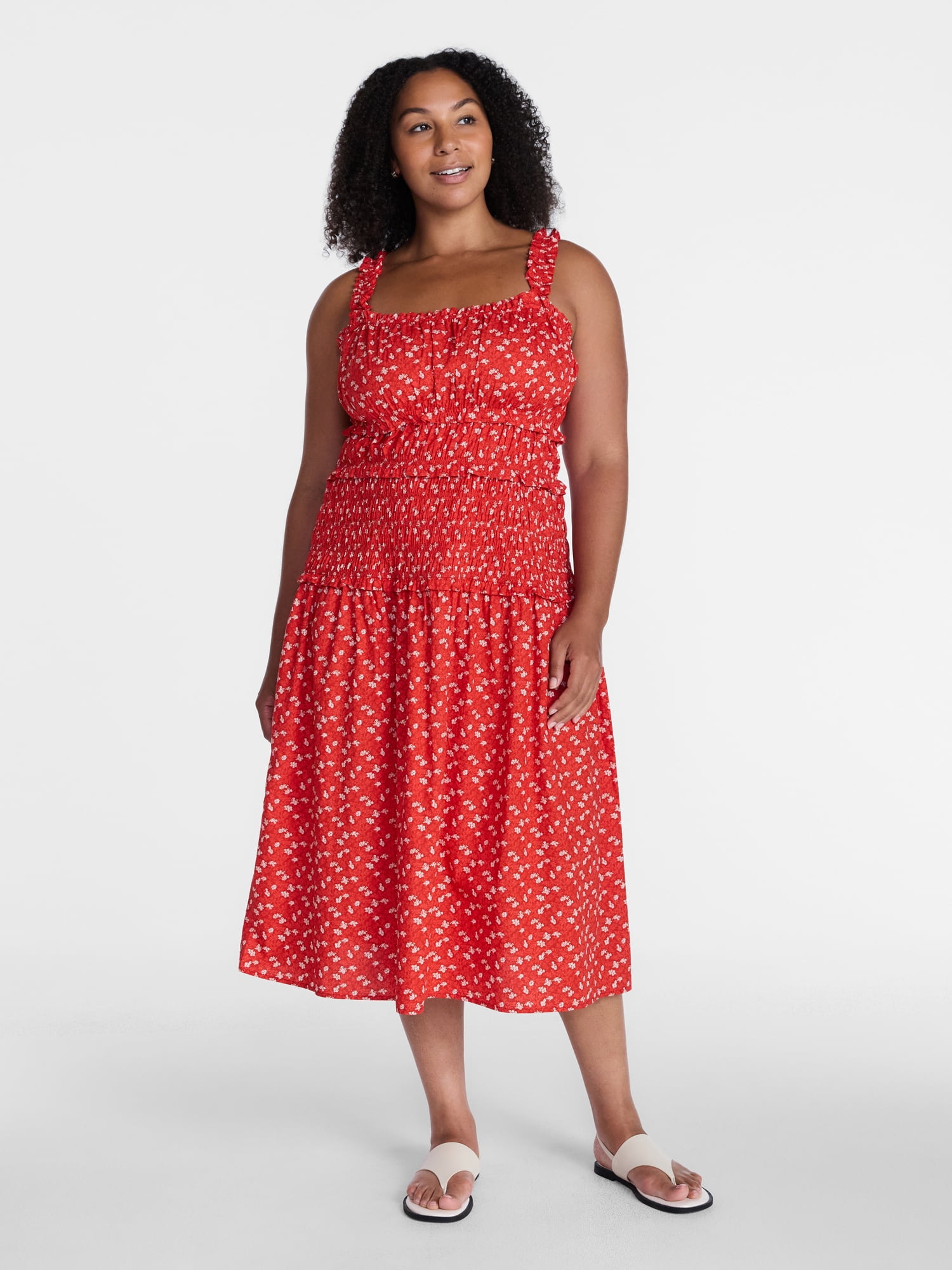 Time and Tru Women's and Women's Plus Sleeveless Smocked Peasant Midi Dress, Sizes XS-4X