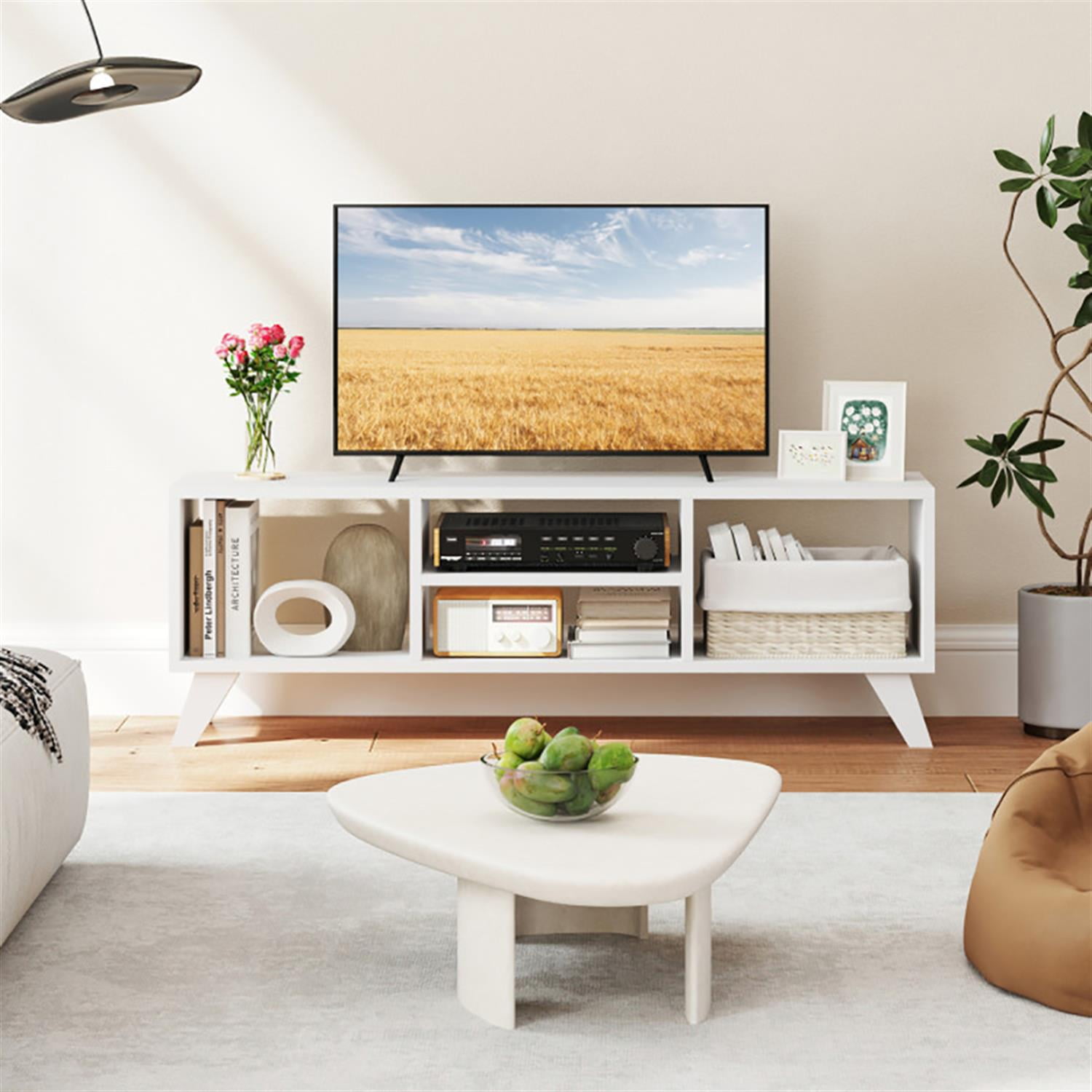 Demi Bonn TV Stand for 60" TVs, Entertainment Center with Raised Support Legs, Modern Media TV Console Table for Living Room Bedroom, White