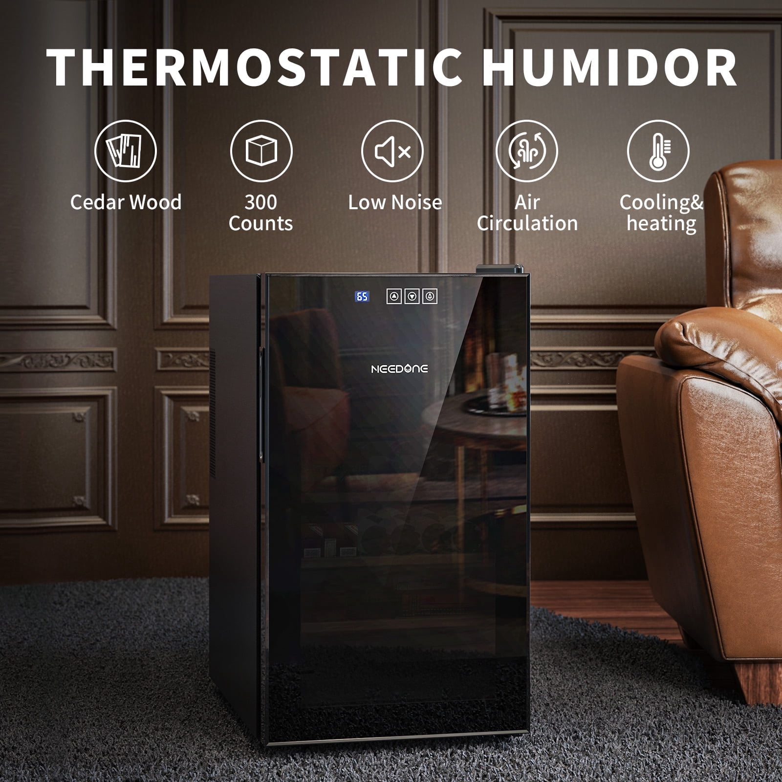NEEDONE 48L 300 Counts Electric Cigar Humidor ,Cooling and Heating Temperature Control ,With Spanish Cedar Wood Shelves & Hygrometer,New Year,Christmas Gifts,Father's Day Gift