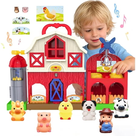 Farm Animal Barn Toy for Toddlers 3-5, Red Play Set with Sounds