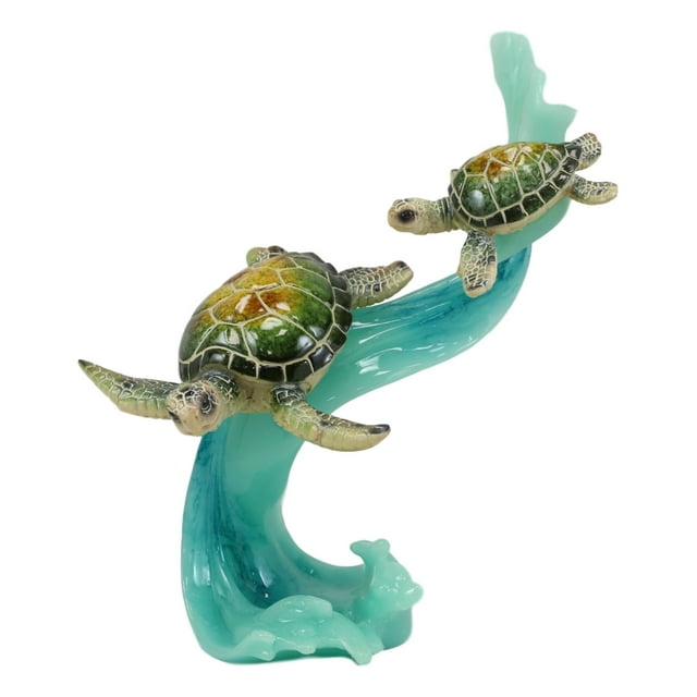 Marine Green Sea Turtle With Hatchling Riding Blue Ocean Current Waves Statue