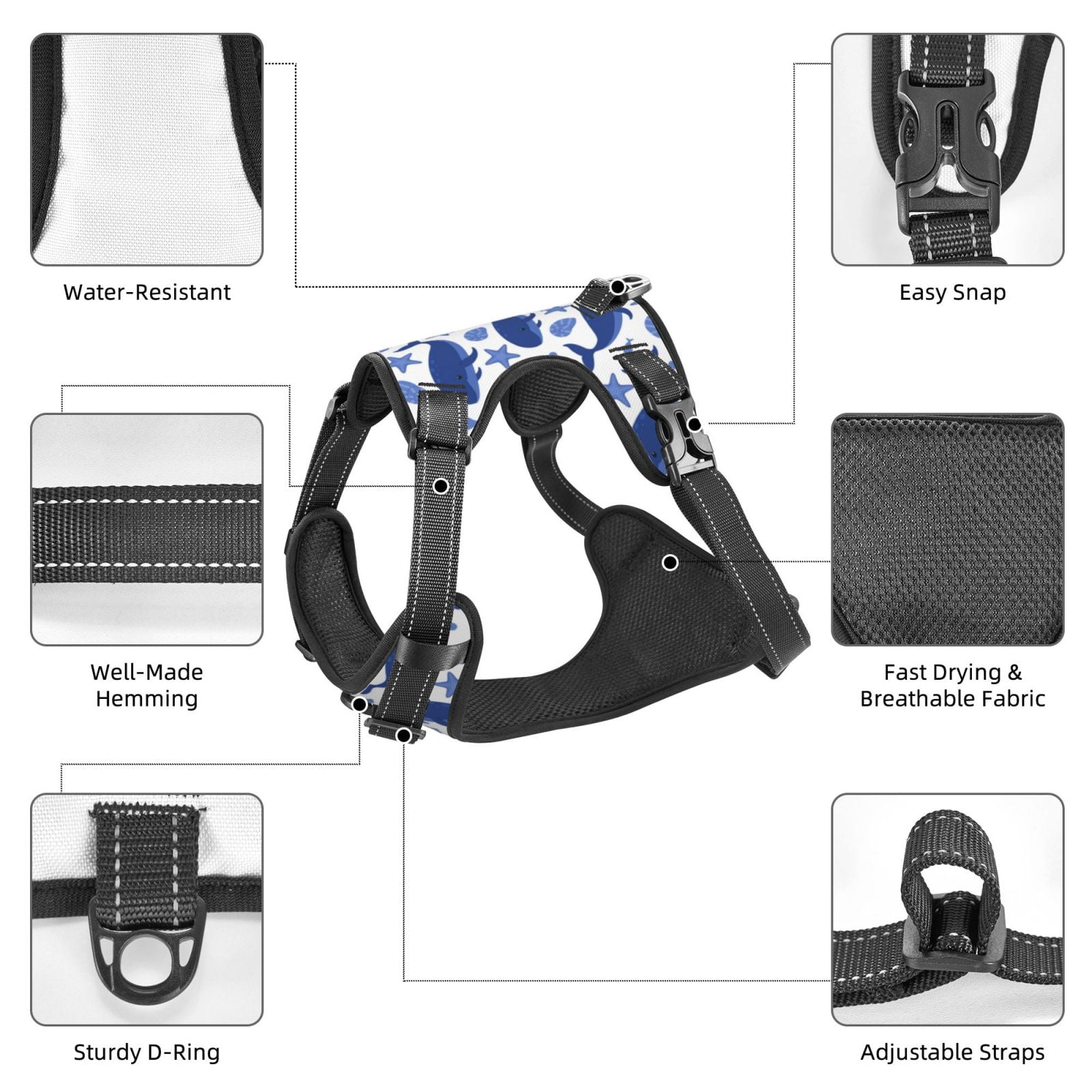 Fuzoiu Whale Print Reflective Dog Harness,Adjustable, Breathable Pet Vest,Dog Harness No Pull,No Choke Pet Vest for Small, Medium, and Large Dogs-Small