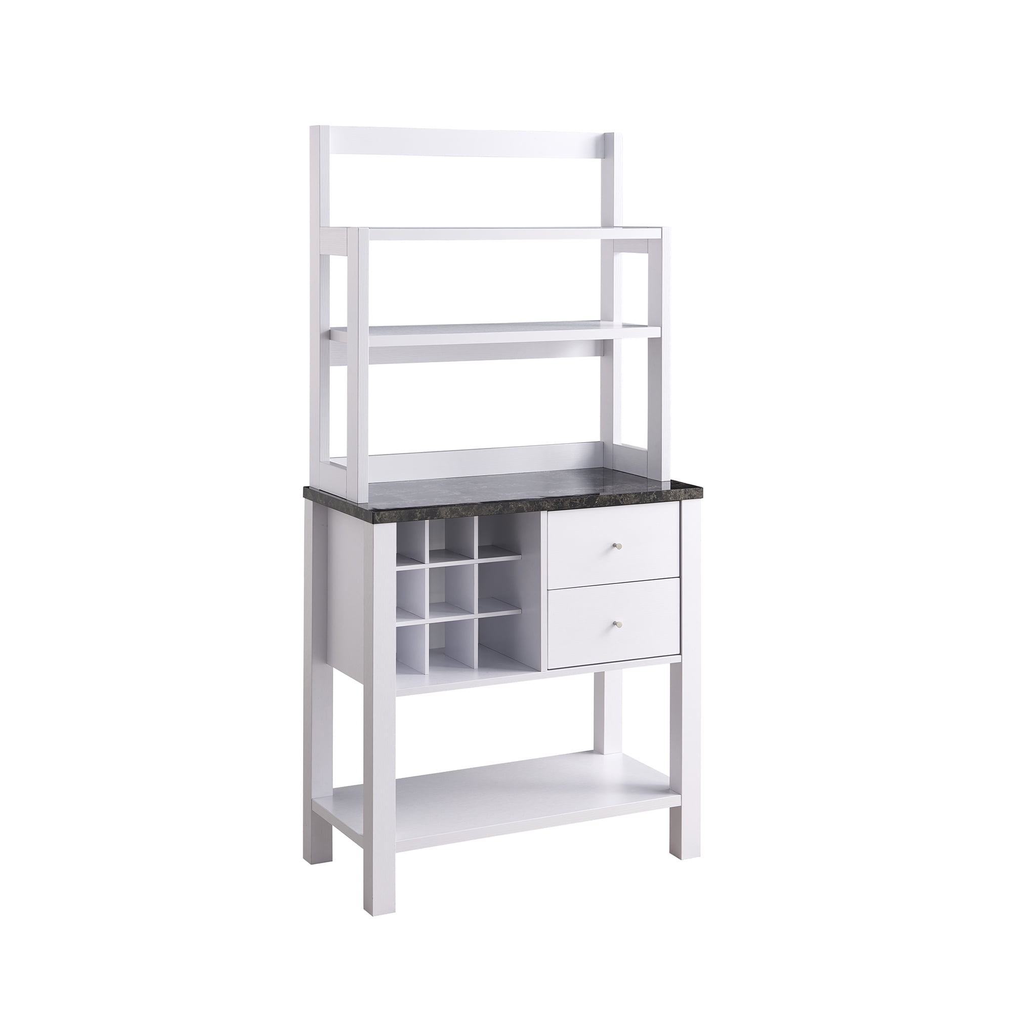 Wooden Frame Bakers with 2 Drawers and Wine Rack, White