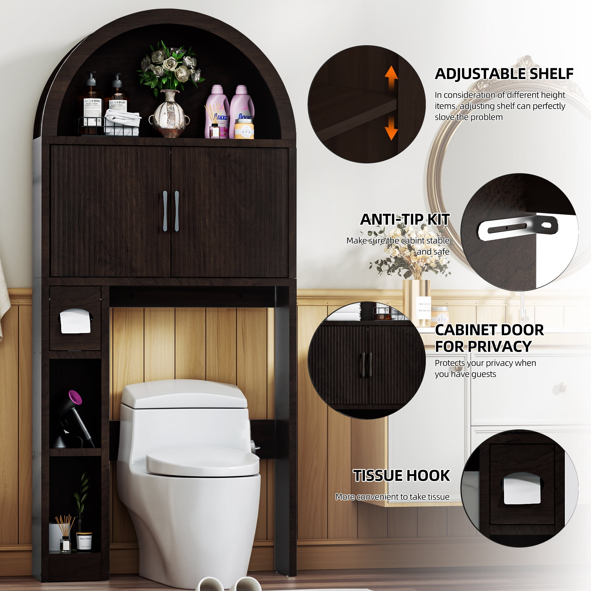 AHB Over Toilet Storage Cabinet with Arc Design, Freestanding Bathroom Organizer with Doors, 7.7"D x 30.5"W x 67.7"H, Coffee Color