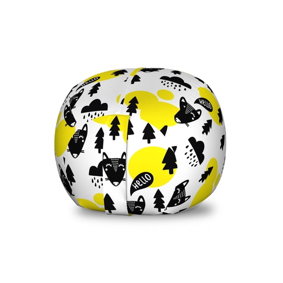 Cartoon Storage Toy Bag Chair, Colorful Modern Doodle Little Foxes Saying Hello Sun Pine Trees Rain Clouds, Stuffed Animal Organizer Washable Bag, Small Size, Yellow Black White, by Ambesonne