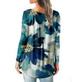 thumbnail image 4 of IROINNID Savings Ladies Long Sleeve T Shirts Lounge T-shirt Printed Round Neck Ruched Button Pullover Blouse Tops,Blue, 4 of 6