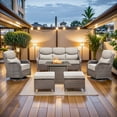 thumbnail image 2 of PARKWELL 6 Pieces Outdoor Patio High Back Furniture Set with Fire Pit Table, Luxury 6" Thick Conversation Set with Swivel Glider Chairs,Wicker Seating Set for Deck, Backyard,Brown/Beige, 2 of 13