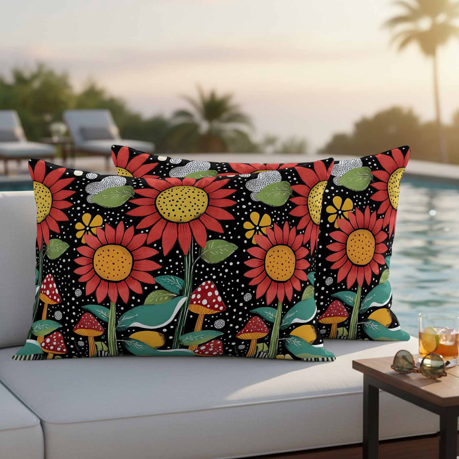 Spring Boho Pillow Covers 2 Pack Red Flowers Leaves White Polka Dots Painting Pillowcase Waterproof Outdoor Throw Pillow Cover for Patio Balcony Rectangular Cushion 20”x12”