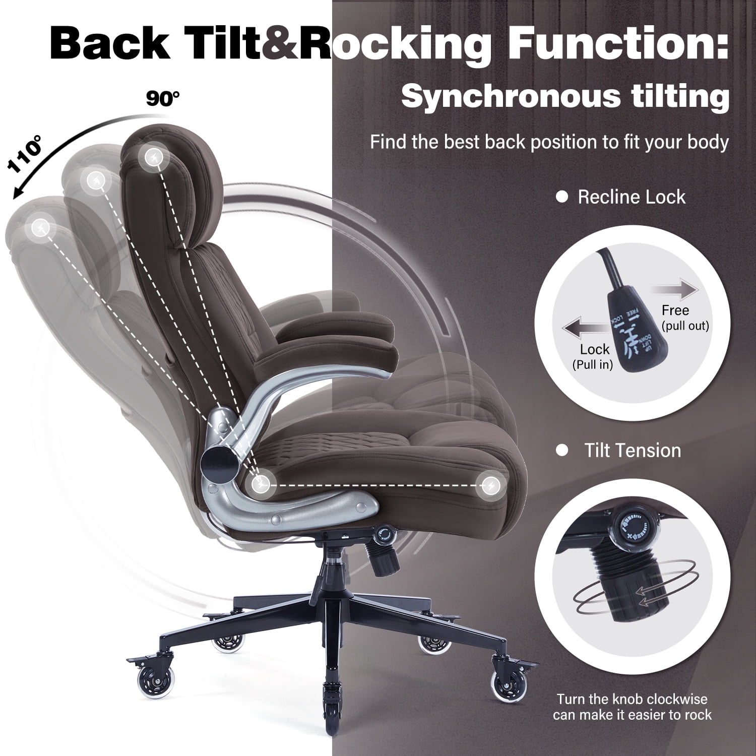 High Back Office Chair with Lockable Wheels, 400lbs Large Fabric Executive Desk Chair, Adjustable Lumbar Support Flip up Arms, Ergonomic Home Office Computer Chair with Storage Pocket, Brown