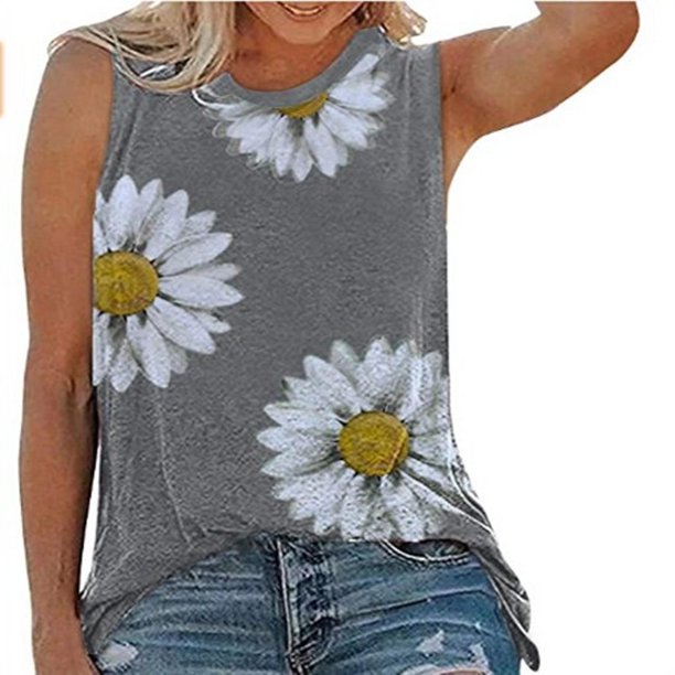 Mujeres Casual Tank Tops Chica Girasol Lindo Impreso Chaleco Camiseta (Gris XXL) Tmvgtek Para estrenar