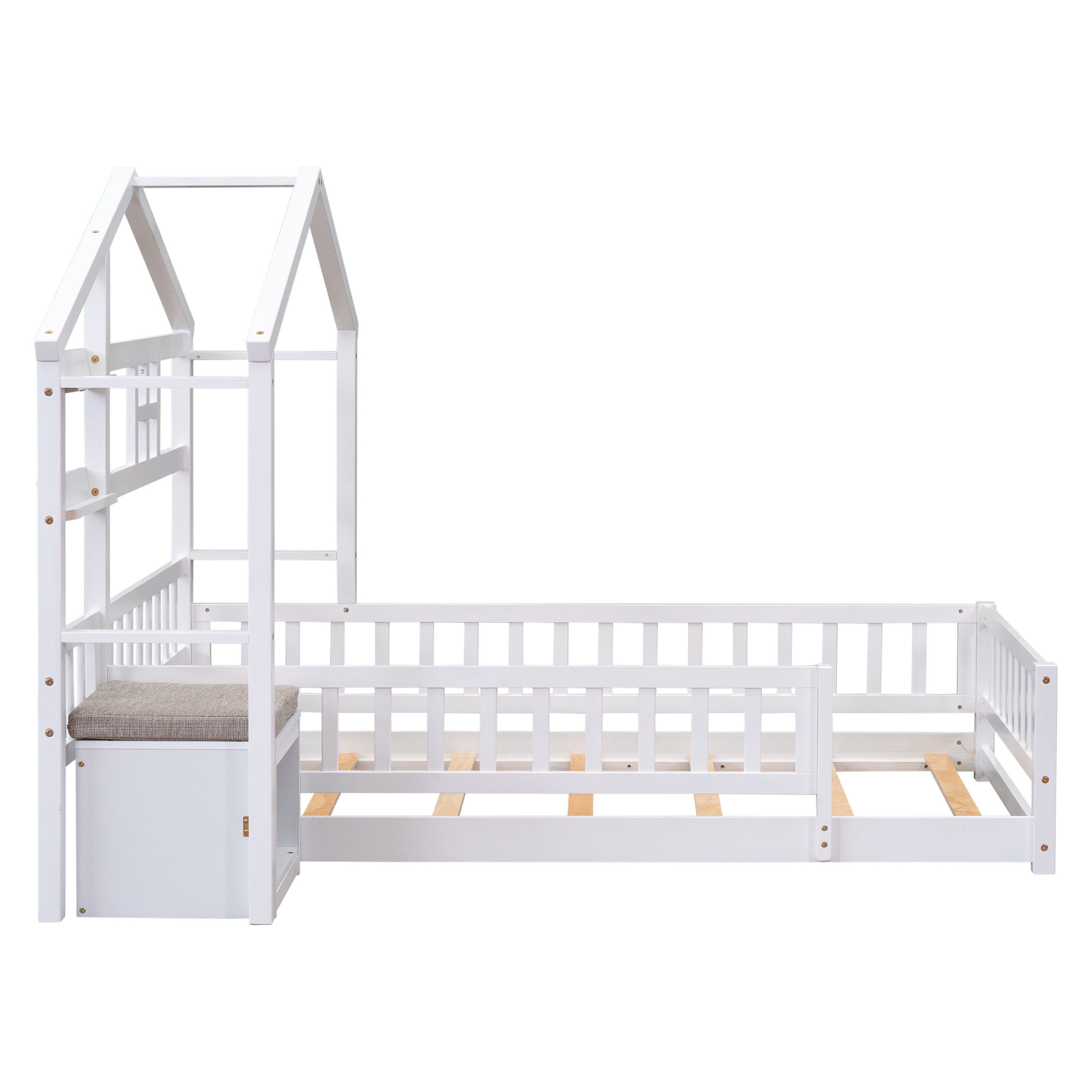 Euroco Wood Twin Size Platform Bed with House Shelf and Cushion Chair for Kids, White