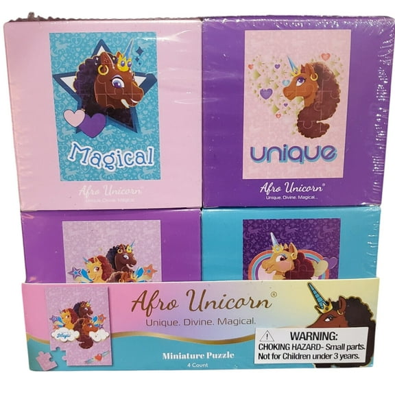 Afro Unicorn Miniature Puzzles – 20 Pieces Each (4-Pack), Ages 3 