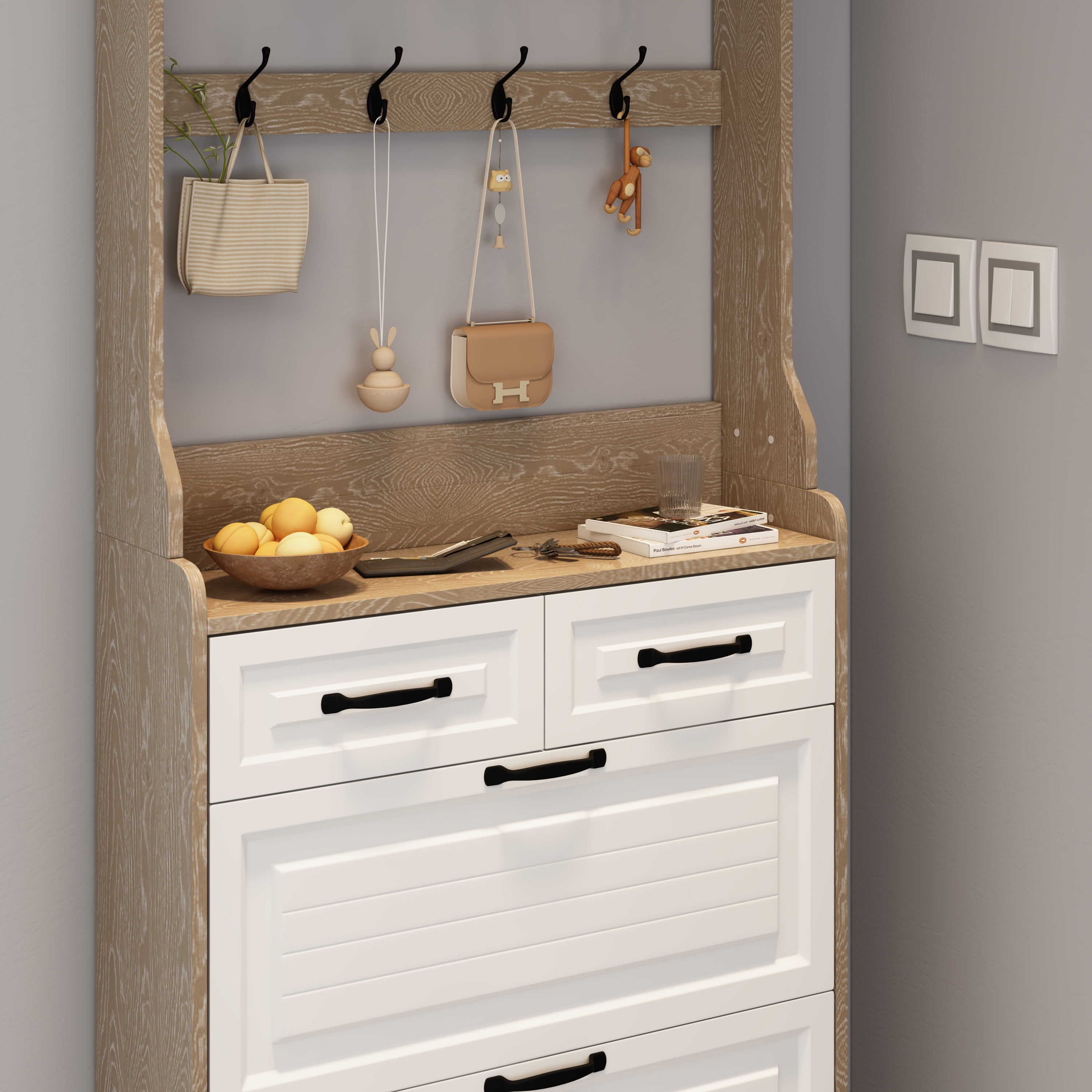 Miniyam 3-Tier Shoe Storage Cabinet, Flip Down Rack with 2 Drawers & Hooks for Entryway, Oak