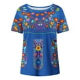 thumbnail image 4 of FAVIPT Women Mexican Embroidered Shirts Ethnic Style Retro Floral Print Tops Bohemian Peasant Crew Neck Blouses Pullover Relaxed Fit Festival Tunic Tees 2025 Blue,XXL, 4 of 5