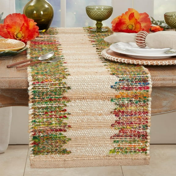 Fennco Styles Rainbow Banded Design Jute Blend Table Runner 14" W x 72" L – Colorful Stripes Woven Table Cover for Home Décor, Dining Table, Banquets, Everyday Use and Special Events