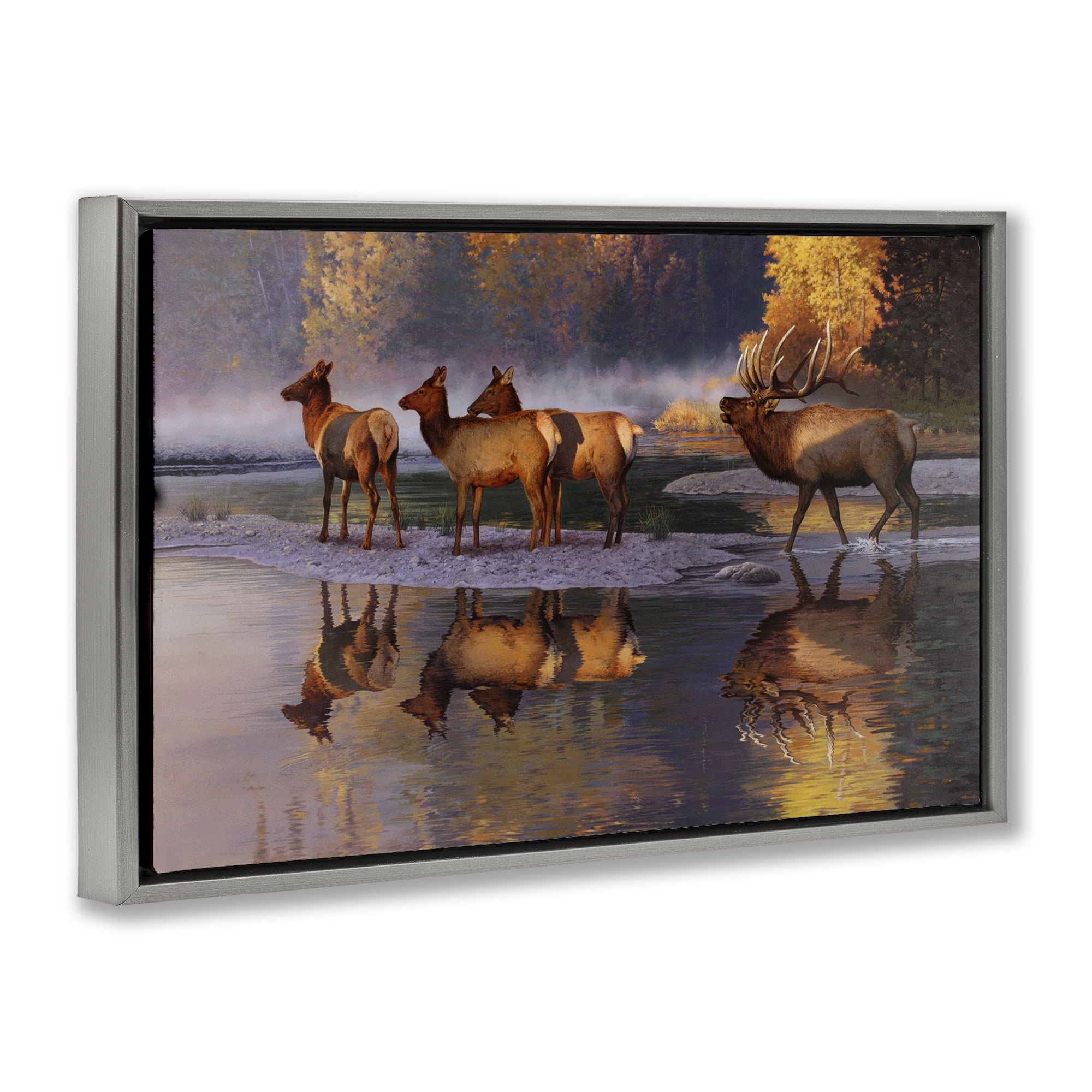 Stupell Industries Distant Challenge Elk Family Landscape & Nature Painting Gray Floater Framed Canvas Art Print Wall Art, 25 x 17