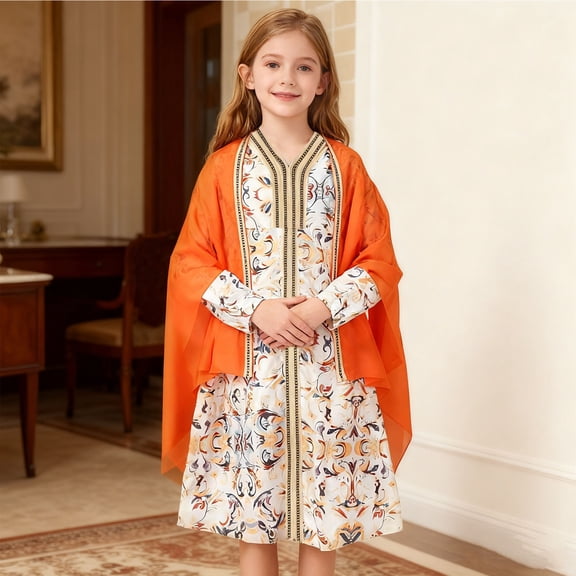 BRGZLK Muslim Dress for Girls Middle East Ramadan Long Sleeve Ethnic Style Dress Arabic Long Robe Skirt Gown Orange A 10-11 Years
