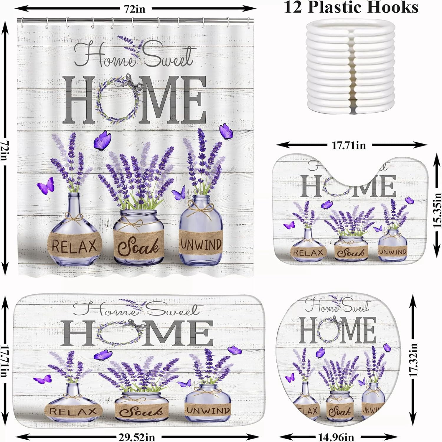 4 PCS Purple Lavender Shower Curtain Sets Home Sweet Bathroom Set with Shower Curtain and Rugs and Accessories Farmhouse Country Shower Curtain Bathroom Decor with 12 Hooks 72 X 72 Inch