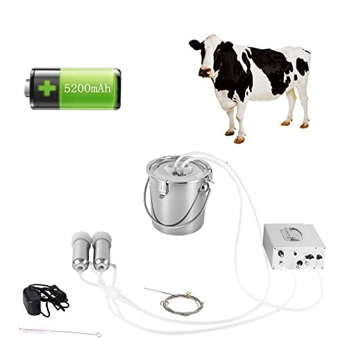 Máquina de ordeño de vaca de 7L, ordeñador eléctrico de vacío de vacío de pulsación de succión ajustable recargable, extractor de leche automático portátil con 2 tazas de tetina Cubo de acero inoxidab