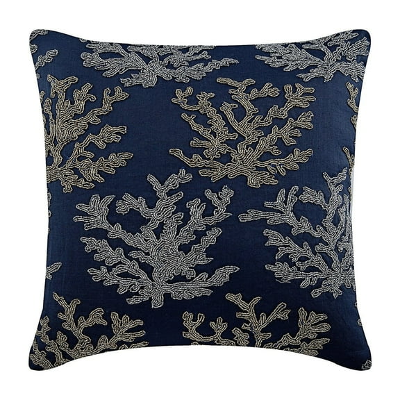 Navy Blue Euro Size Pillow Shams 26x26 inch (65x65 cm), Linen European Pillow Shams, Sea Creatures, Sea Weeds, Corals, Beaded, Beach Style Euro Pillowcases - Sea Weeds Swim