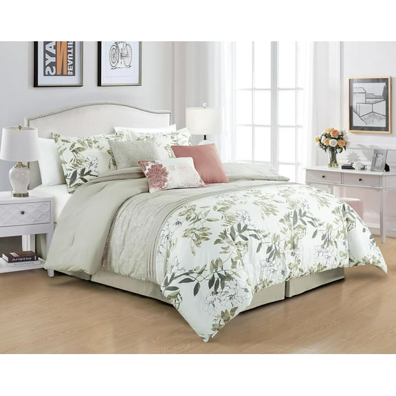 Chezmoi Collection Lily 7-Piece Floral Botanical Comforter Set Queen, Floral Embroidery Multicolor Taupe-Green Gray White Botanical Leaves Printed Microfiber Lightweight Bedding Set