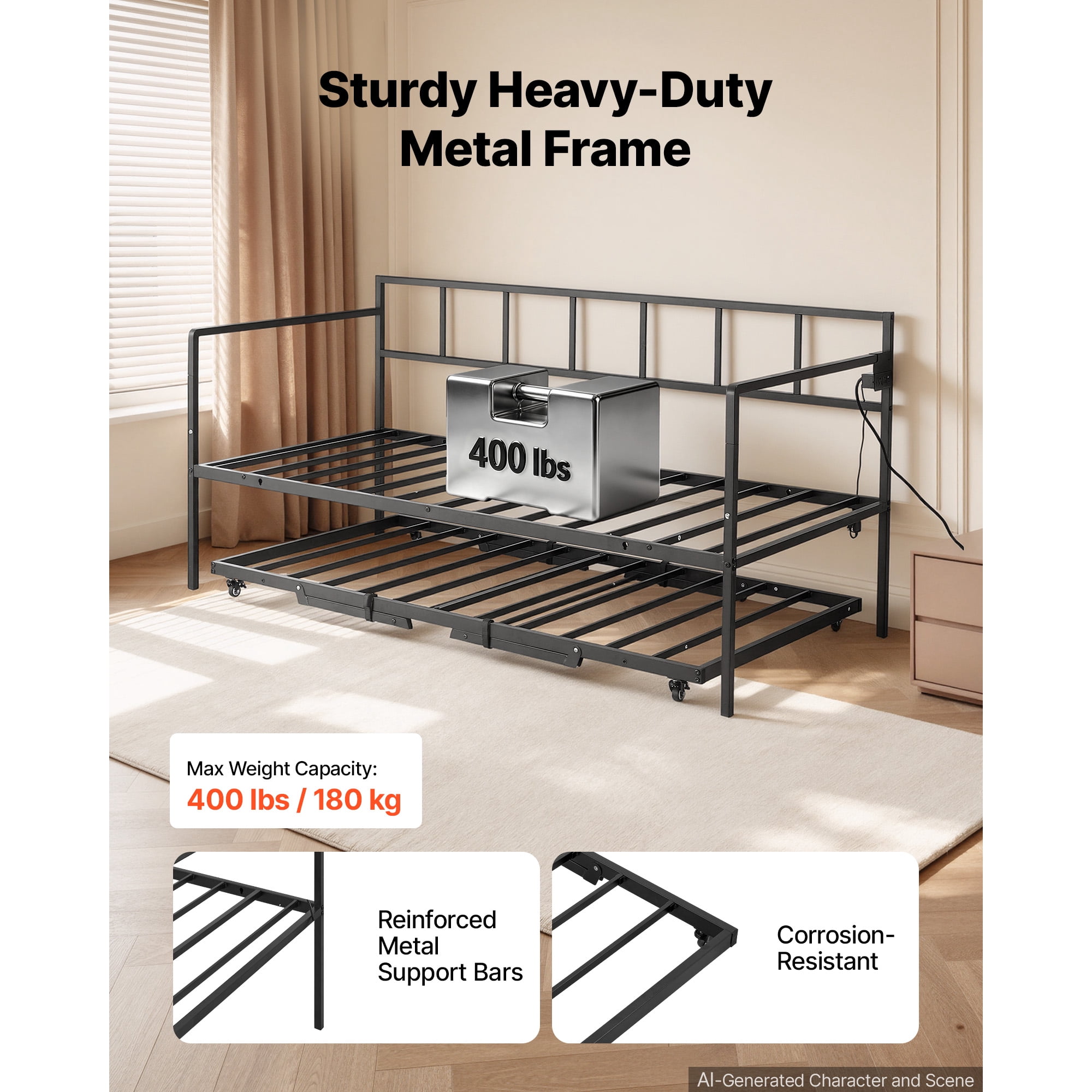 KFFKFF Twin Daybed with Pop-Up Trundle, Metal Frame with Charging Station and LED Light, Ideal for Living Room, Bedroom, Durable Twin Size Sofa Bed Frame, Adjustable Height, Lockable Casters, Black