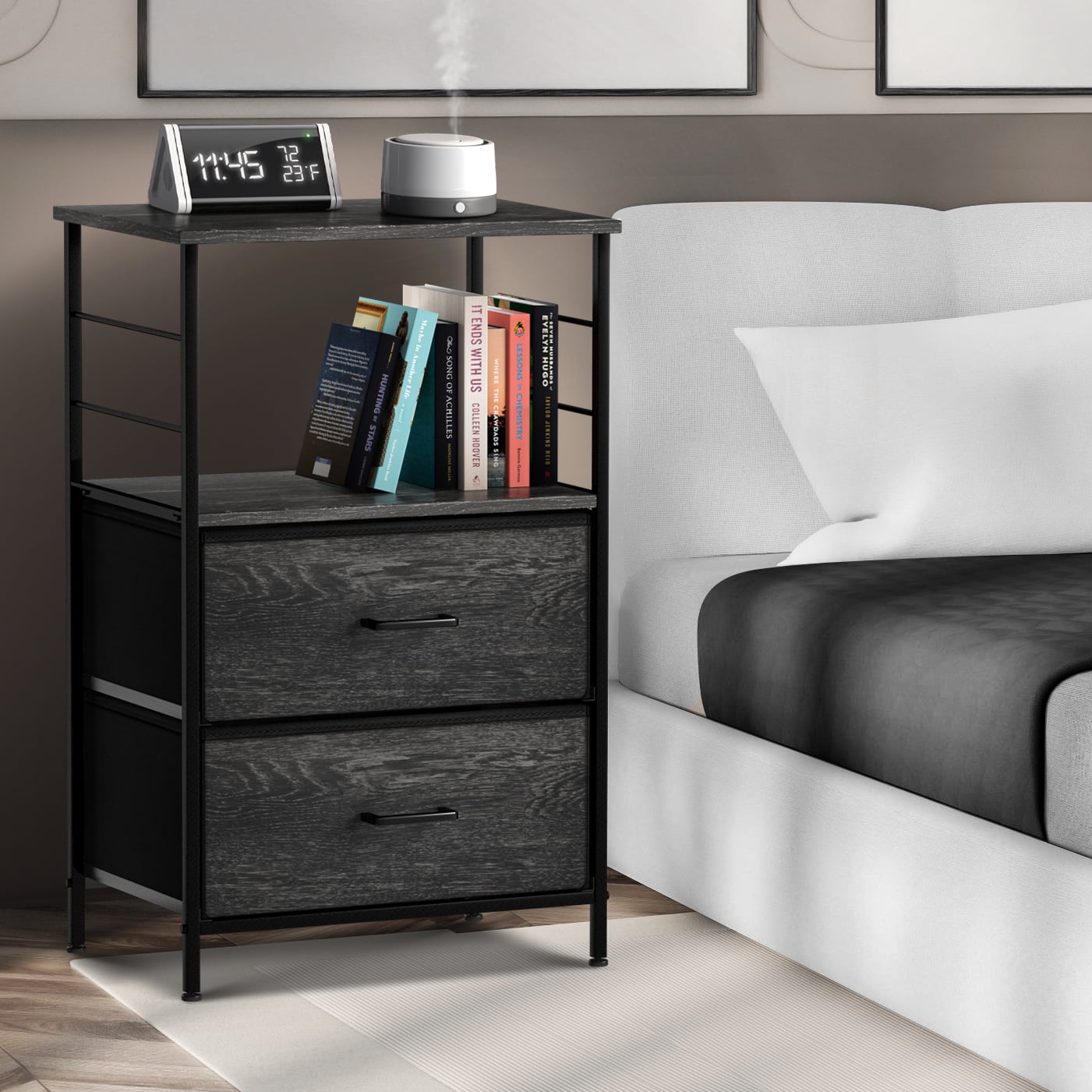Sorbus 2-Drawer Nightstand with Fabric Drawer, Steel Frame and Open Shelf, Rustic Black
