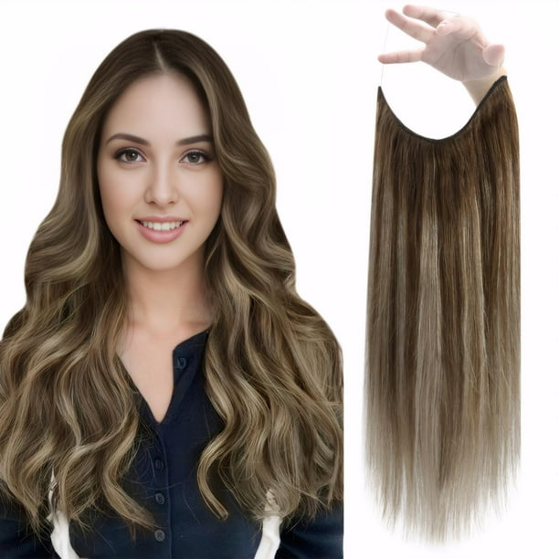 Fshine Extensiones de cabello de alambre invisible Cabello humano real 18 pulgadas Marrón Balayage a Marrón Mezcla Rubio miel Extensiones de alambre oculto Clip de una pieza en postizo secreto para mu