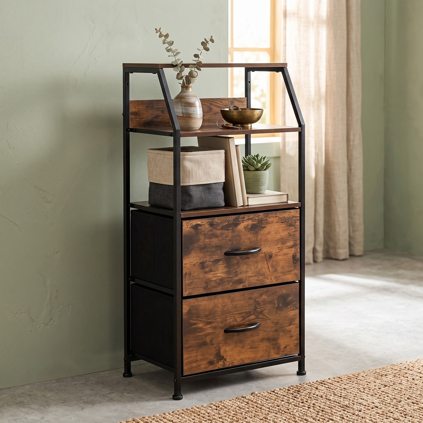 Furnibear 3-Drawer Freestanding Dresser with Open Wooden Top Shelf and Sturdy Steel Frame for Bedroom Living Room and Office, Rustic Brown