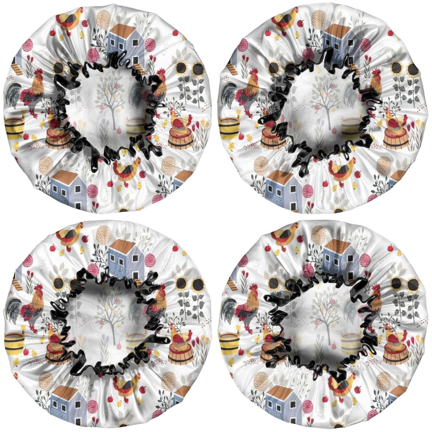 Shower Caps,White Chicken Farm Pattern Waterproof Shower Cap for Women 4 Pieces,Double Reusable Hair Cover for Shower PEVA Elastic Stretch Hem
