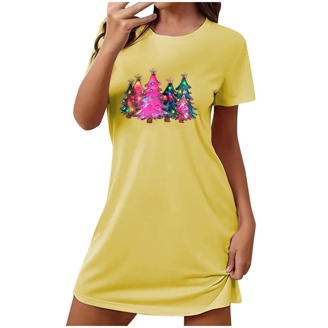 Camisón corto navideño para mujer, talla grande, con cuello redondo estampado y mangas cortas, para el pecho.