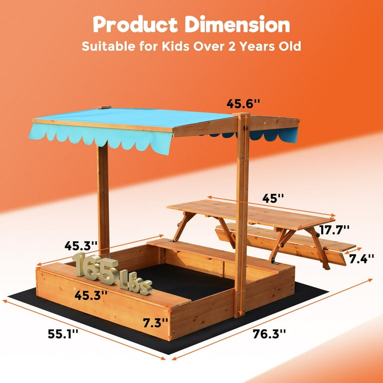FUNTOK Wooden Sandbox for Kids, 76'' x 45'' x 45'' Sand Box with