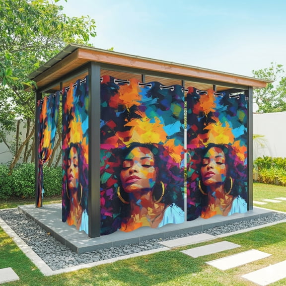 African American Outdoor Curtains for Patio, Colorful Abstract Black Woman Waterproof Outside Curtains Privacy Blackout Curtain for Porch Pergola Cabana, 2 Panel 54W x 84L Inch