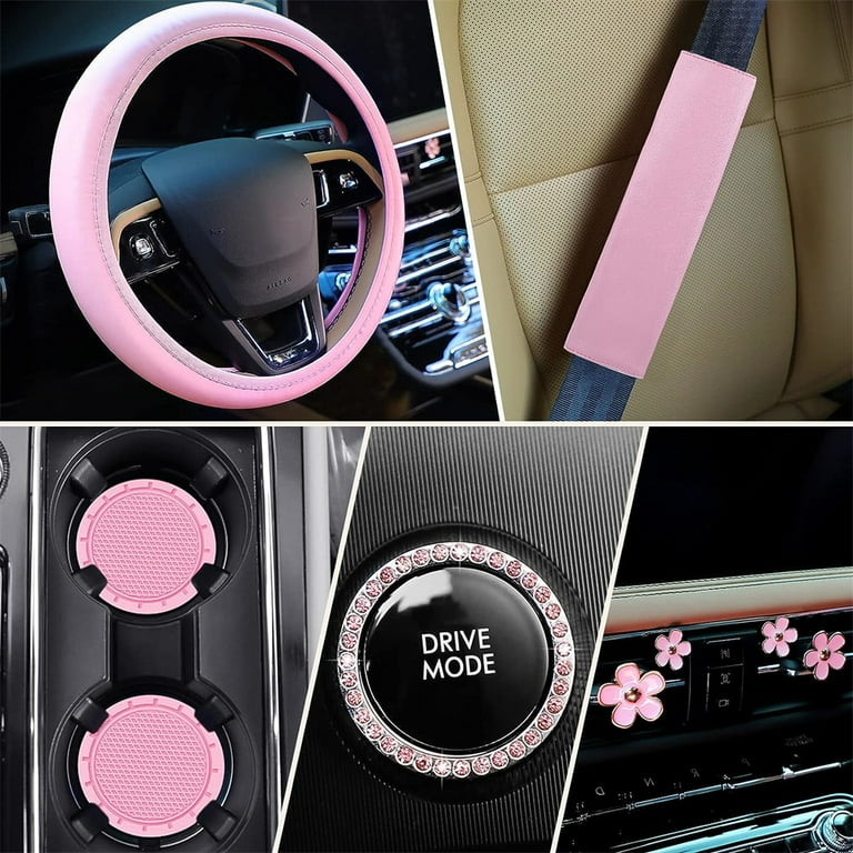 NOGIS 10 Pcs Car Accessories Set Leather Steering Wheel Cover for Women Cute Car Accessories Set with Seat Belt Shoulder Pads Cup Holders for Women