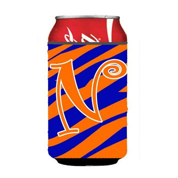 Letter N Initial Monogram - Tiger Stripe Blue And Orange Can Or Bottle  Hugger