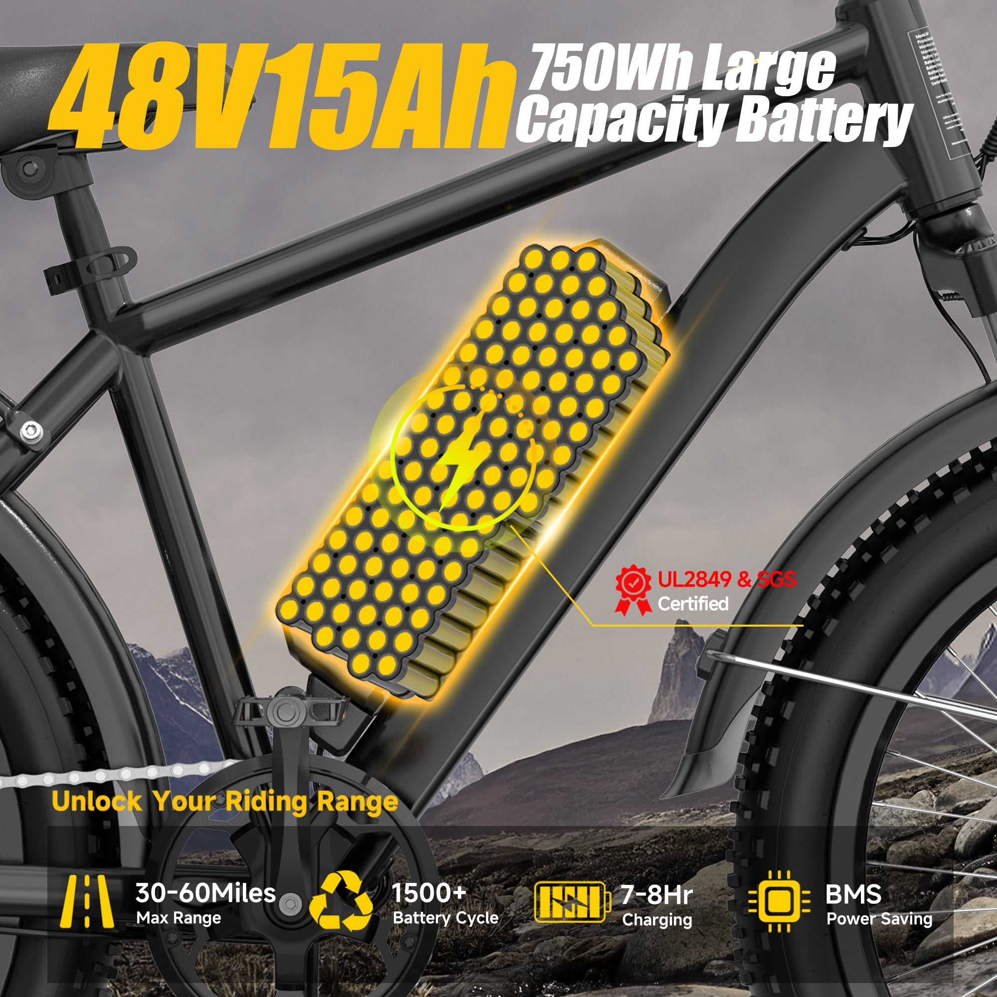26 Inch 750W 1500W Electric Bike, 48V 15.6Ah Removable Battery, 26x4 Fat Tire Mountain Ebike, UL2849, Black